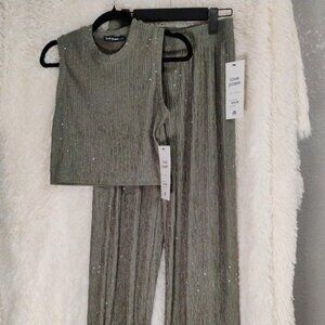 Love Poem Moss Plissé Wide-Leg Lounge Set Size L NWT
